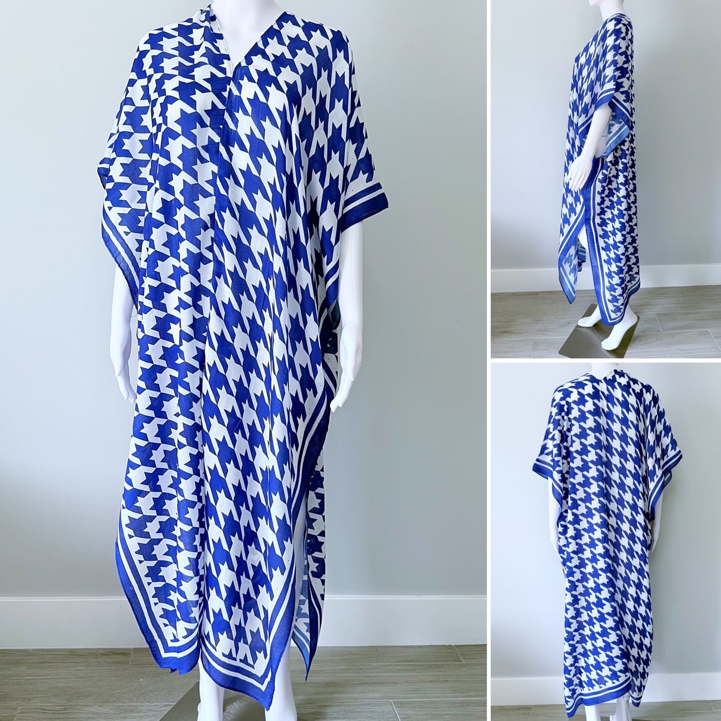 Royal Blue Houndstooth Print Long Kimono