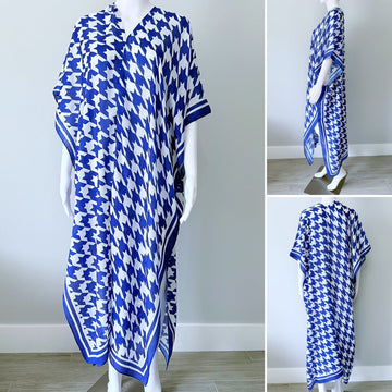 Royal Blue Houndstooth Print Long Kimono