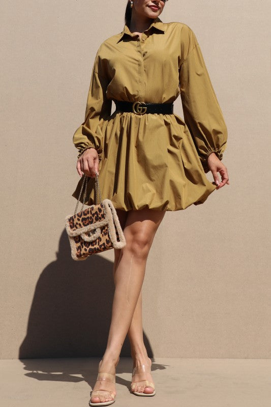 Mocha Bubble Hem Shirt Mini Dress