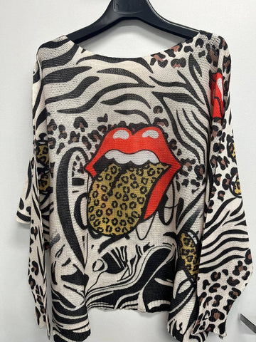 Black Lip Animal Round Knit Printed Sweater