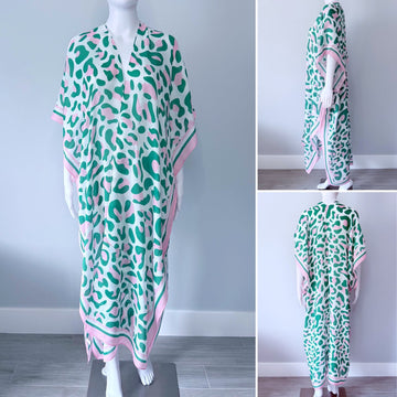 Pink and Green Houndstooth Print Long Kimono