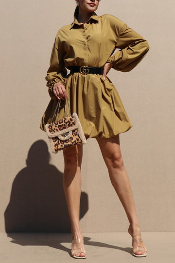 Mocha Bubble Hem Shirt Mini Dress