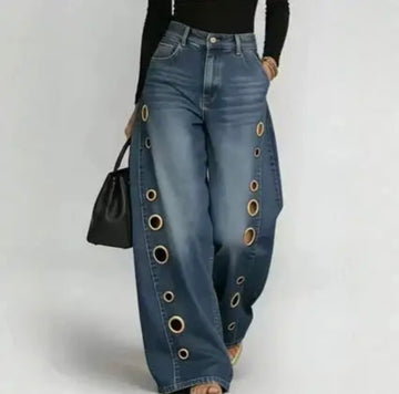 High Waisted Metal Grommet Wide Leg Jeans