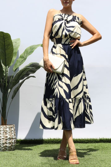 Leaf Print Tube Midi Dress