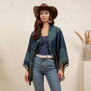 Denim Patchwork Kaftan Poncho with Frayed Raw Edge Hem NEW