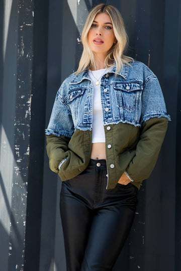 Acid Wash Denim With Onion Quilted Mixed Jacket