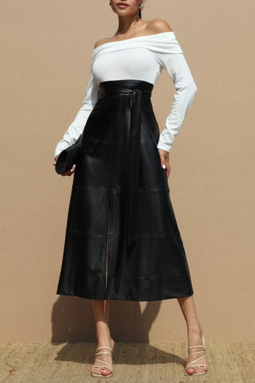 Off Shoulder Knit Top Faux Leather Skirt Dress