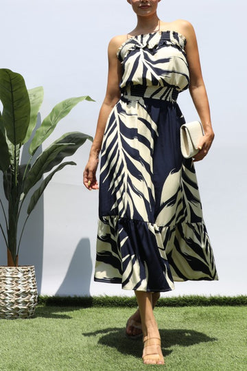 Leaf Print Tube Midi Dress