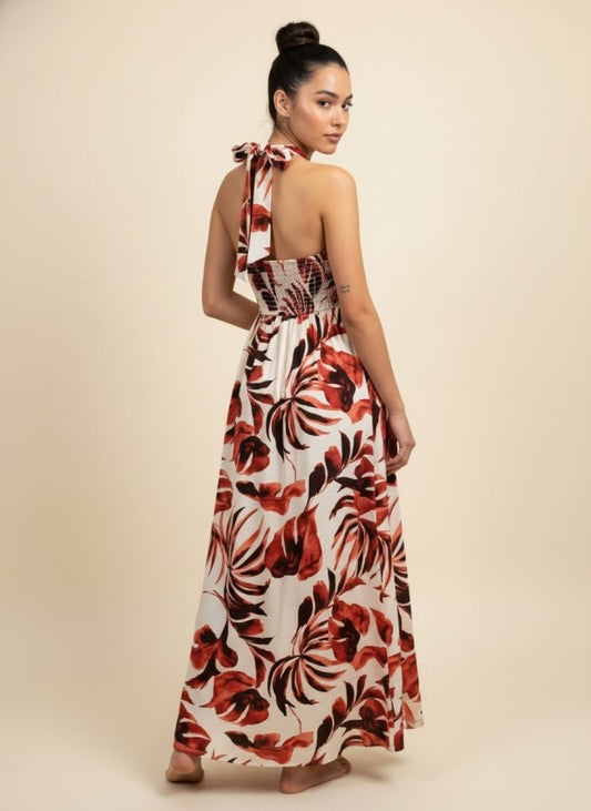 Smocked Halter Tie Back Maxi Dress