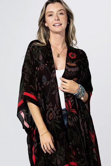 Black Flower Botanical Border Kimono