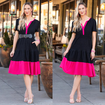 Color Block Textured Dress With Pockets