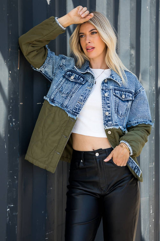 Acid Wash Denim Olive Quilted Jacket