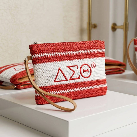 DST Faded Red White Raffia Embroidered Pouch Bag