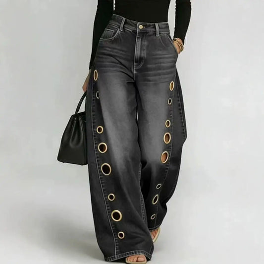 High Waisted Metal Grommet Wide Leg Jeans
