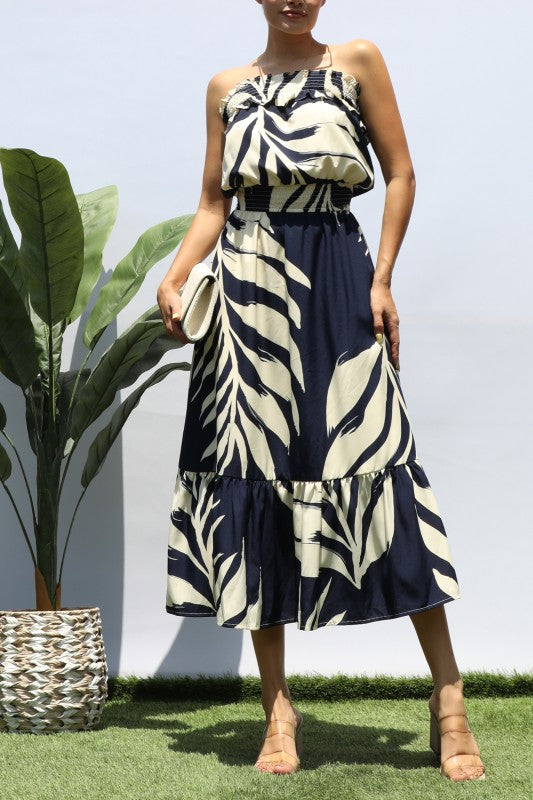Leaf Print Tube Midi Dress