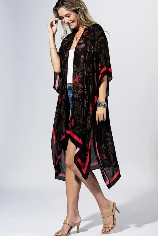 Black Flower Botanical Border Kimono