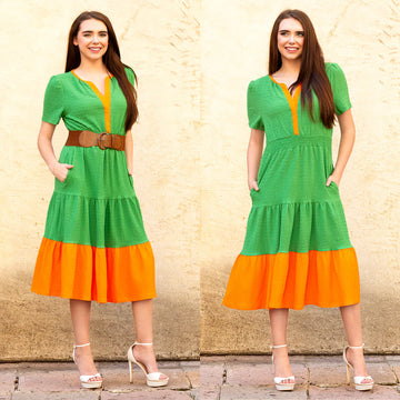 Color Block Textured Dress With Pockets (Green)