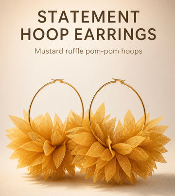 Mustard Ruffle Pom Pom Hoops