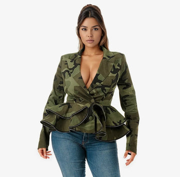 V-Neck Ruffle Zipper Hem Peplum Jacket