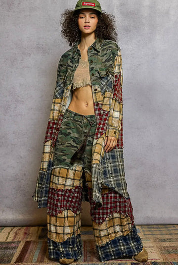 Long Sleeve Plaid Woven Varied Patchwork Maxi Shirt Jacket