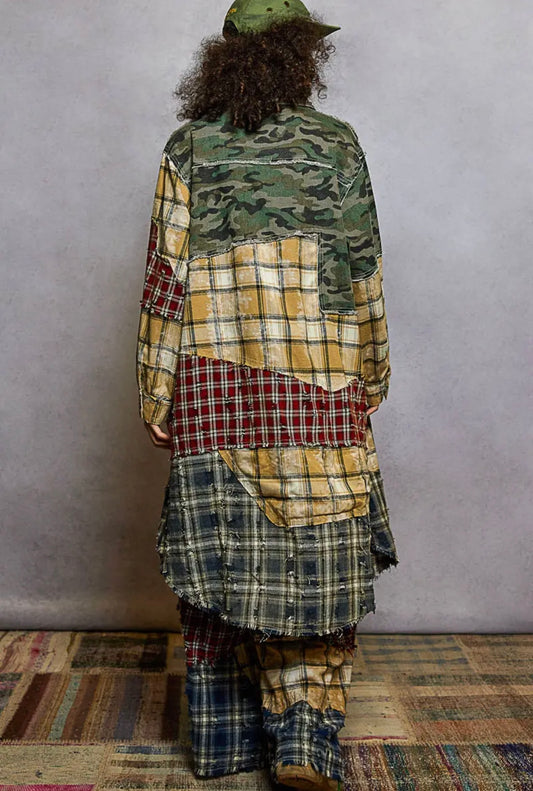 Long Sleeve Plaid Woven Varied Patchwork Maxi Shirt Jacket