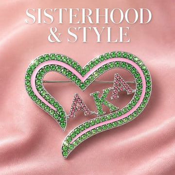 AKA Sorority Heart Pink Green Bling Brooch