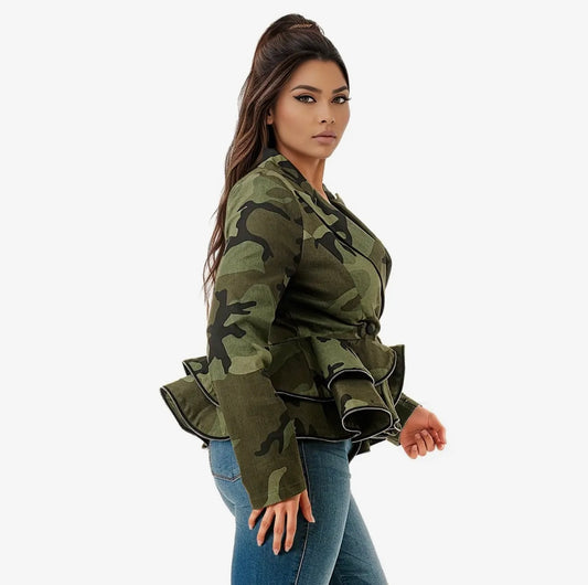 V-Neck Ruffle Zipper Hem Peplum Jacket