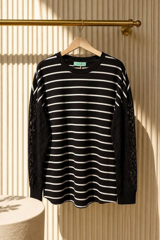Lace Sleeves Stretchy Long Sleeve Tee