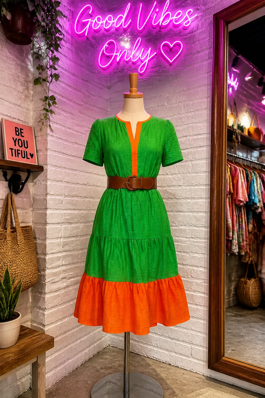 Color Block Textured Dress With Pockets (Green)