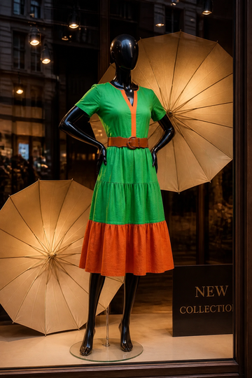 Color Block Textured Dress With Pockets (Green)