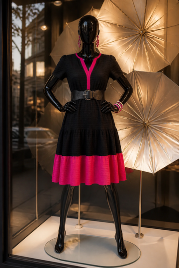 Color Block Textured Dress With Pockets