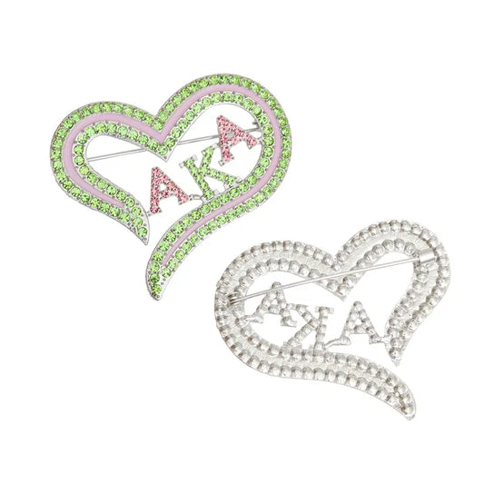 AKA Sorority Heart Pink Green Bling Brooch