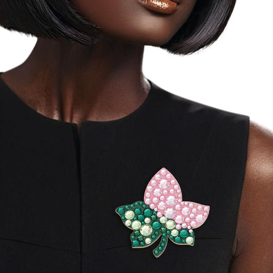 AKA Sorority Pink Green Ivy Leaf Wood Bling Brooch