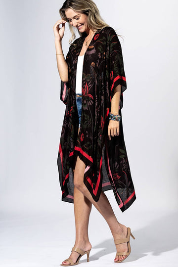 Black Flower Botanical Border Kimono