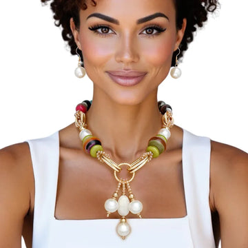 Multi Tone Stripe Marble & Pearl Necklace