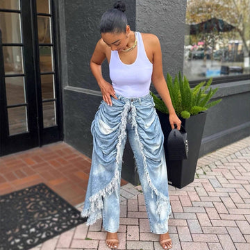 High-Waisted Denim Trousers with Ripped Hem