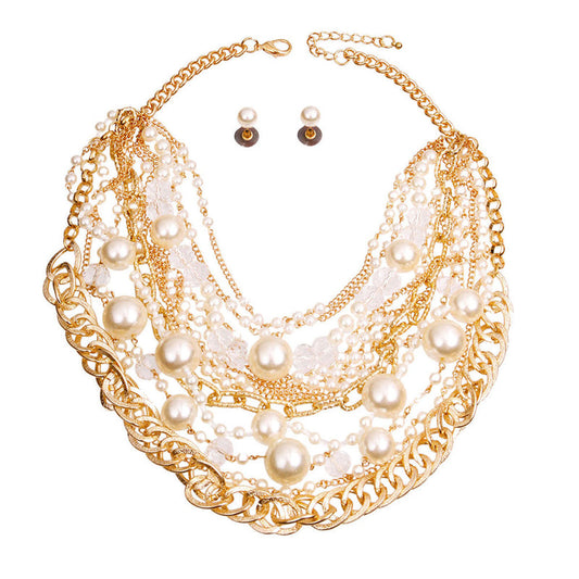 Chunky Gold Chain Cream Pearl Layered Necklace