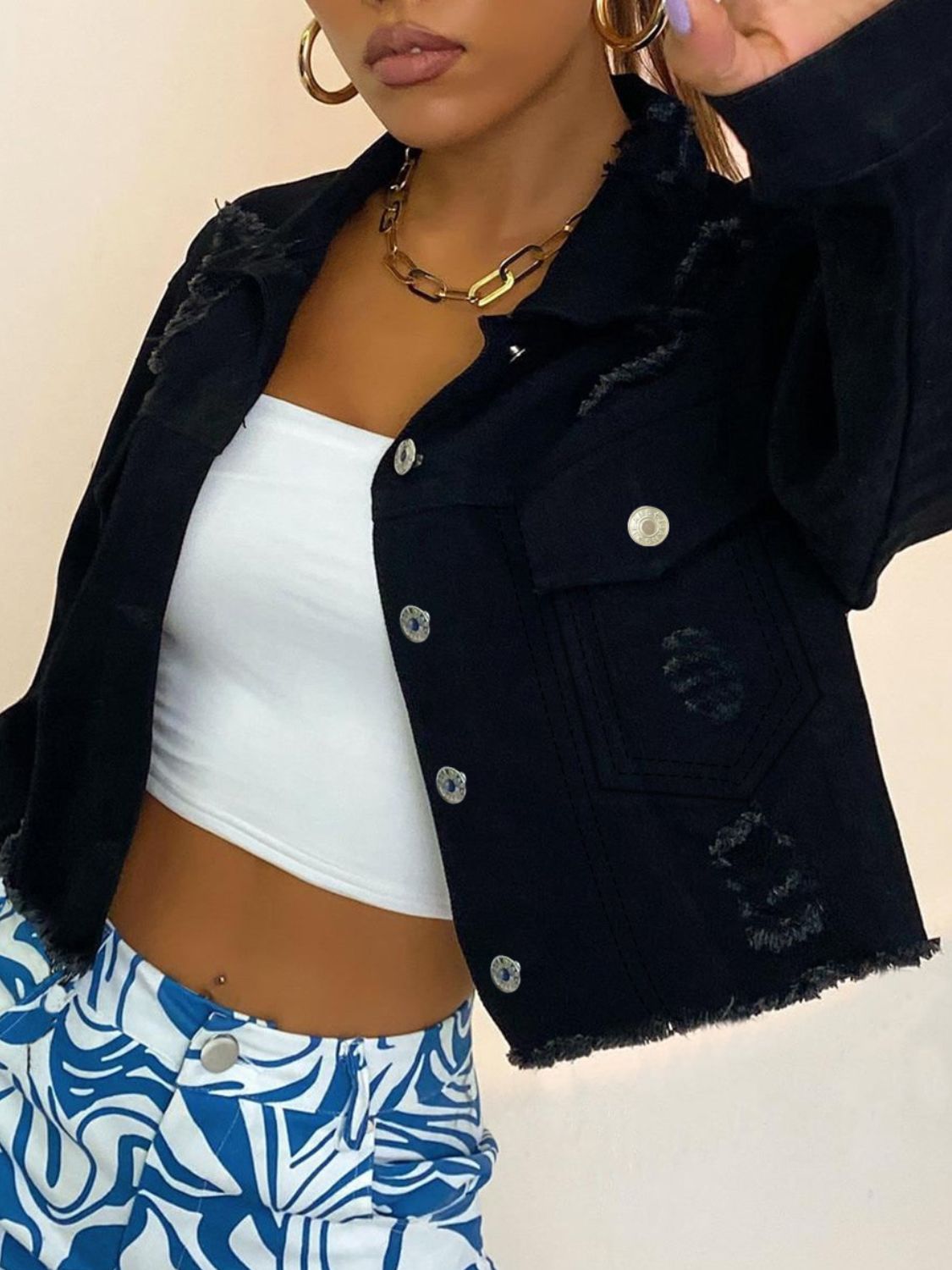 Distressed Collared Neck Long Sleeve Denim Top