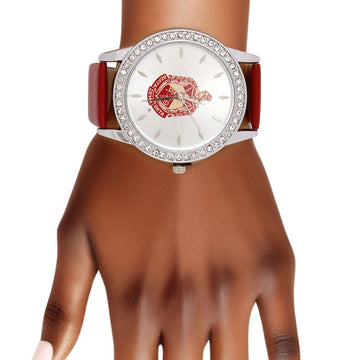 DST Red Leather Silver Sun Cut Dial Watch Women