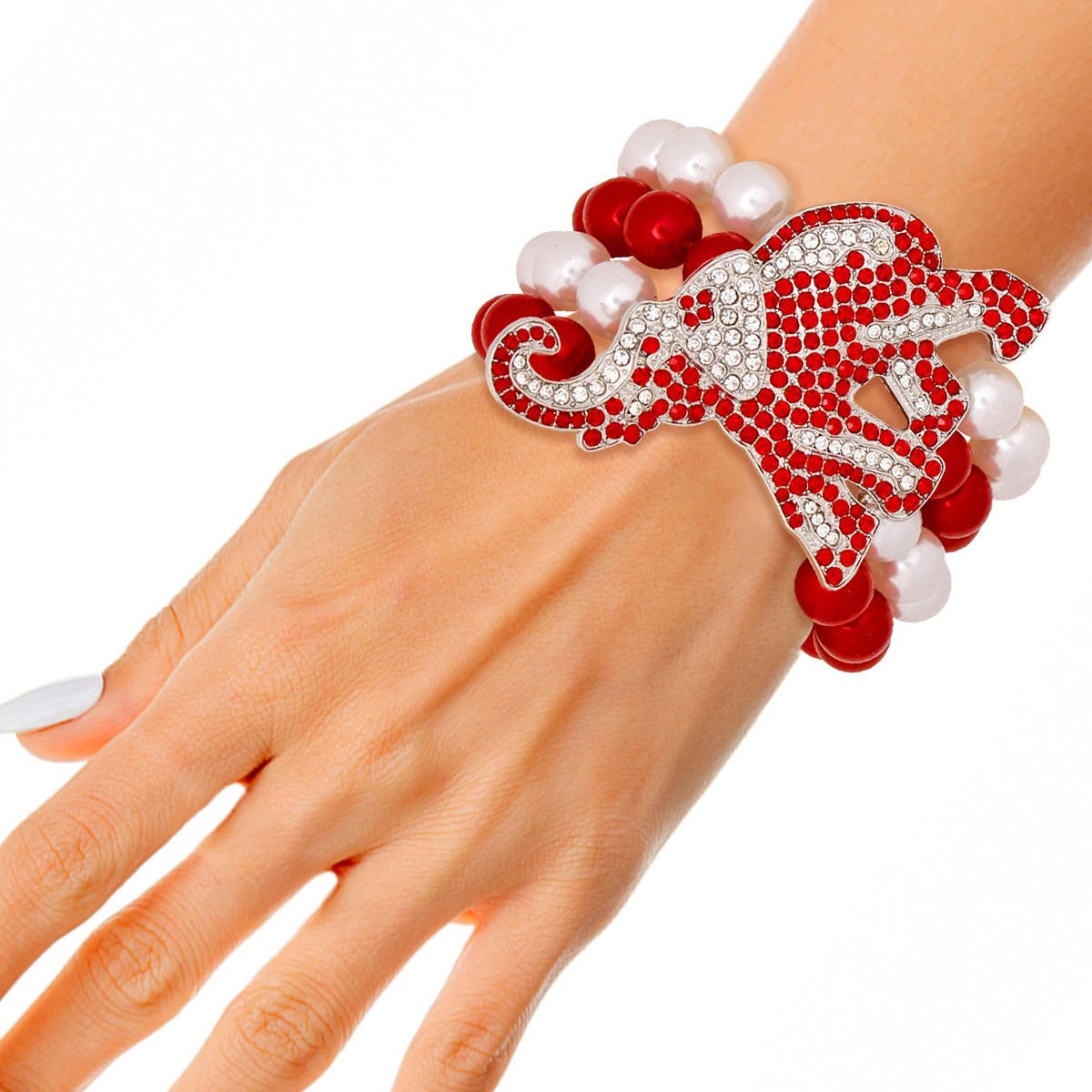 DST Red White Pearl 4 Strand Elephant Bracelet