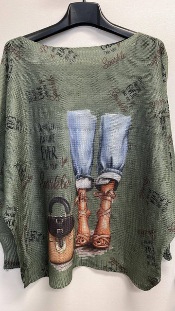 Olive Jeans Knit Printed Sweater