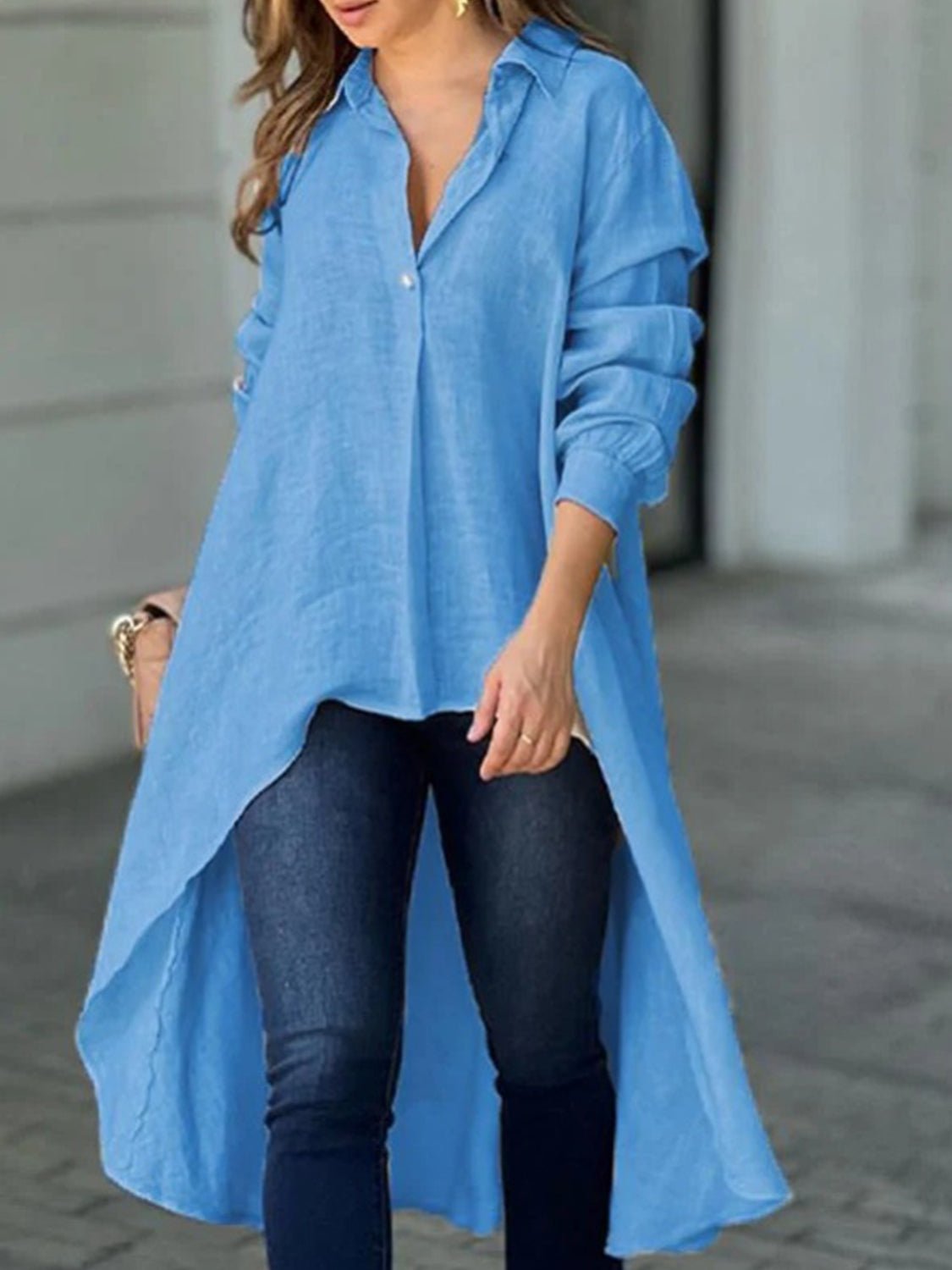 Full Size High - Low Collared Neck Long Sleeve Shirt