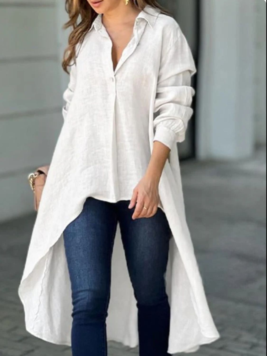 Full Size High - Low Collared Neck Long Sleeve Shirt