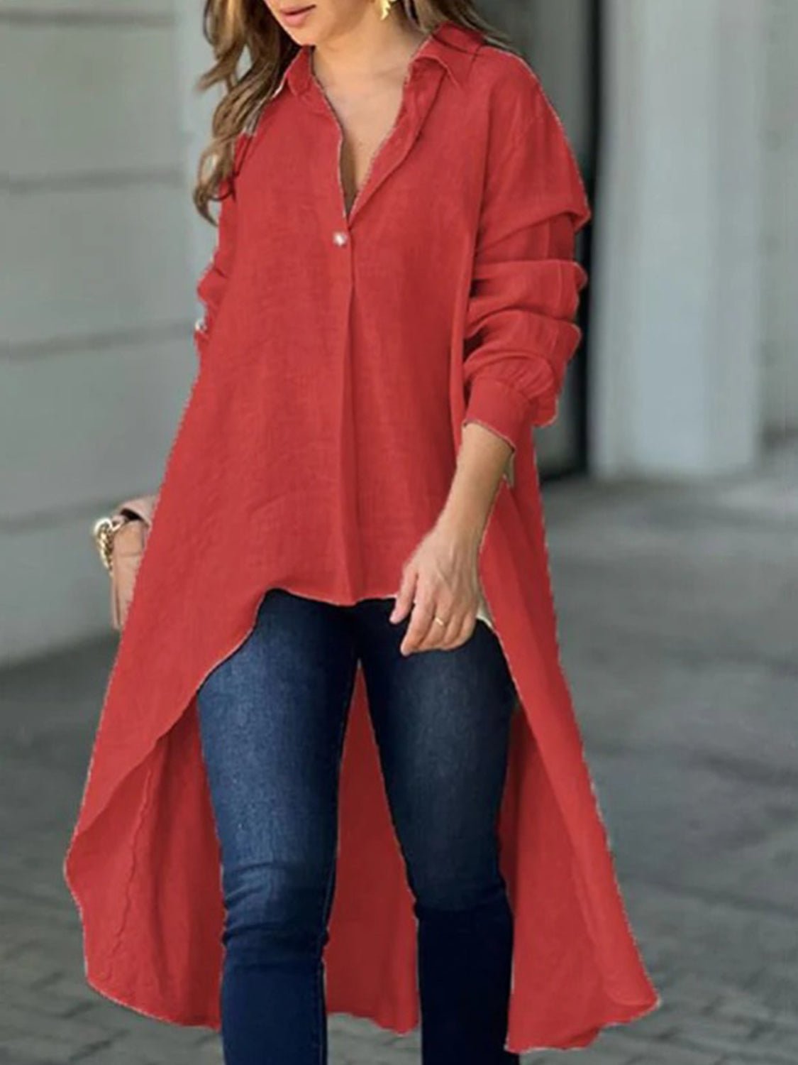 Full Size High - Low Collared Neck Long Sleeve Shirt