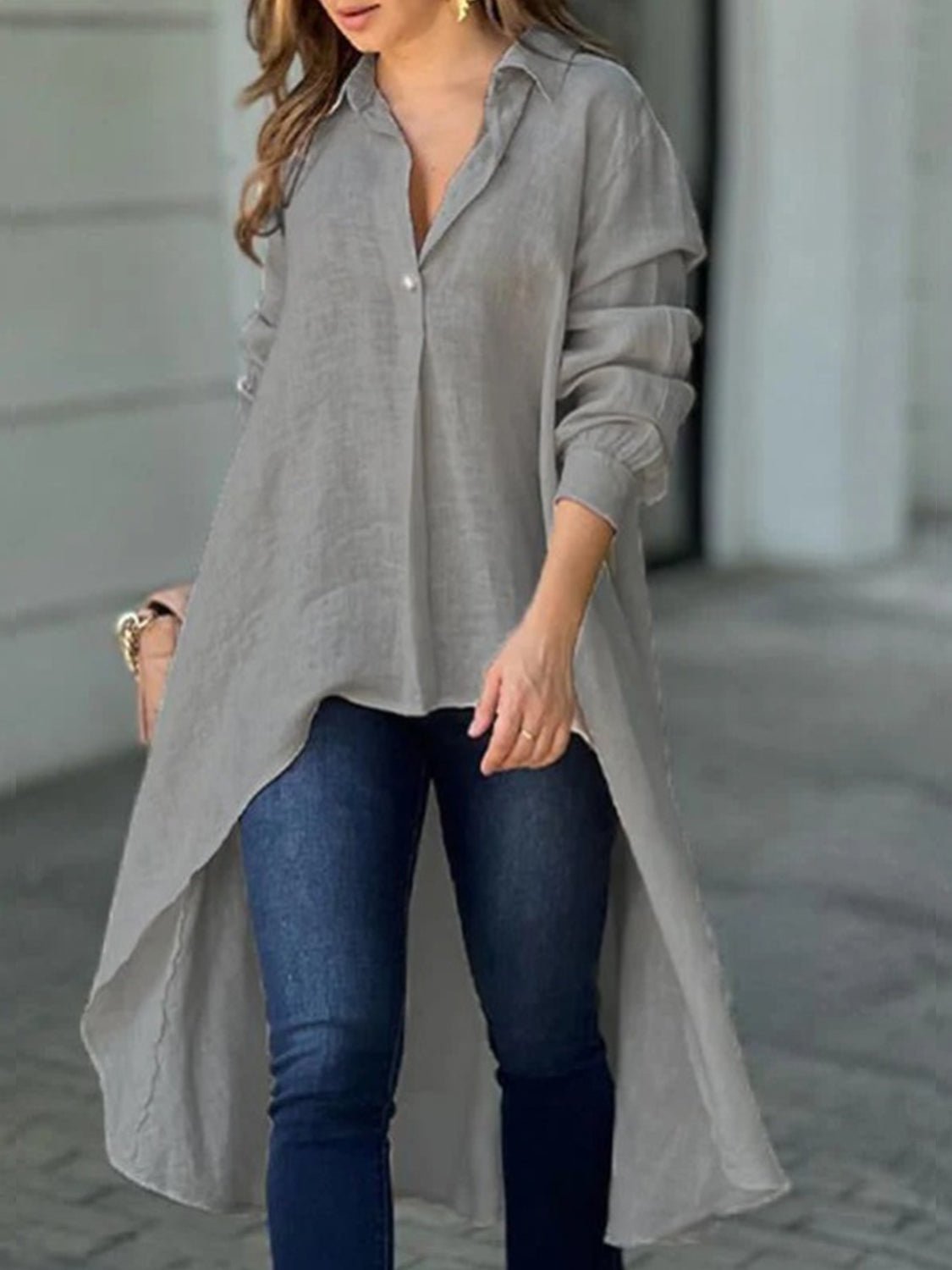 Full Size High - Low Collared Neck Long Sleeve Shirt