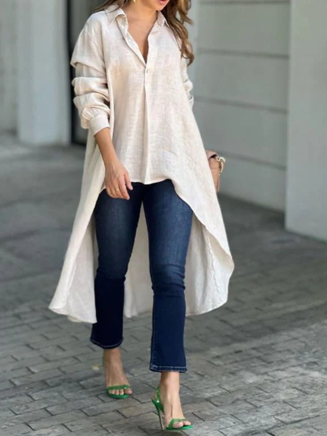 Full Size High - Low Collared Neck Long Sleeve Shirt