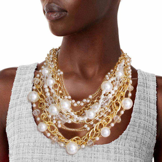 Chunky Silver Chain White Pearl Layered Necklace