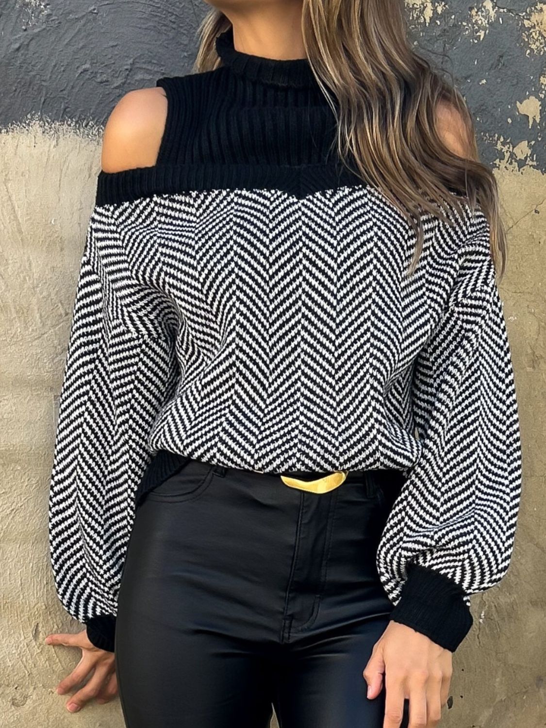 Mock Neck Cold Shoulder Sweater