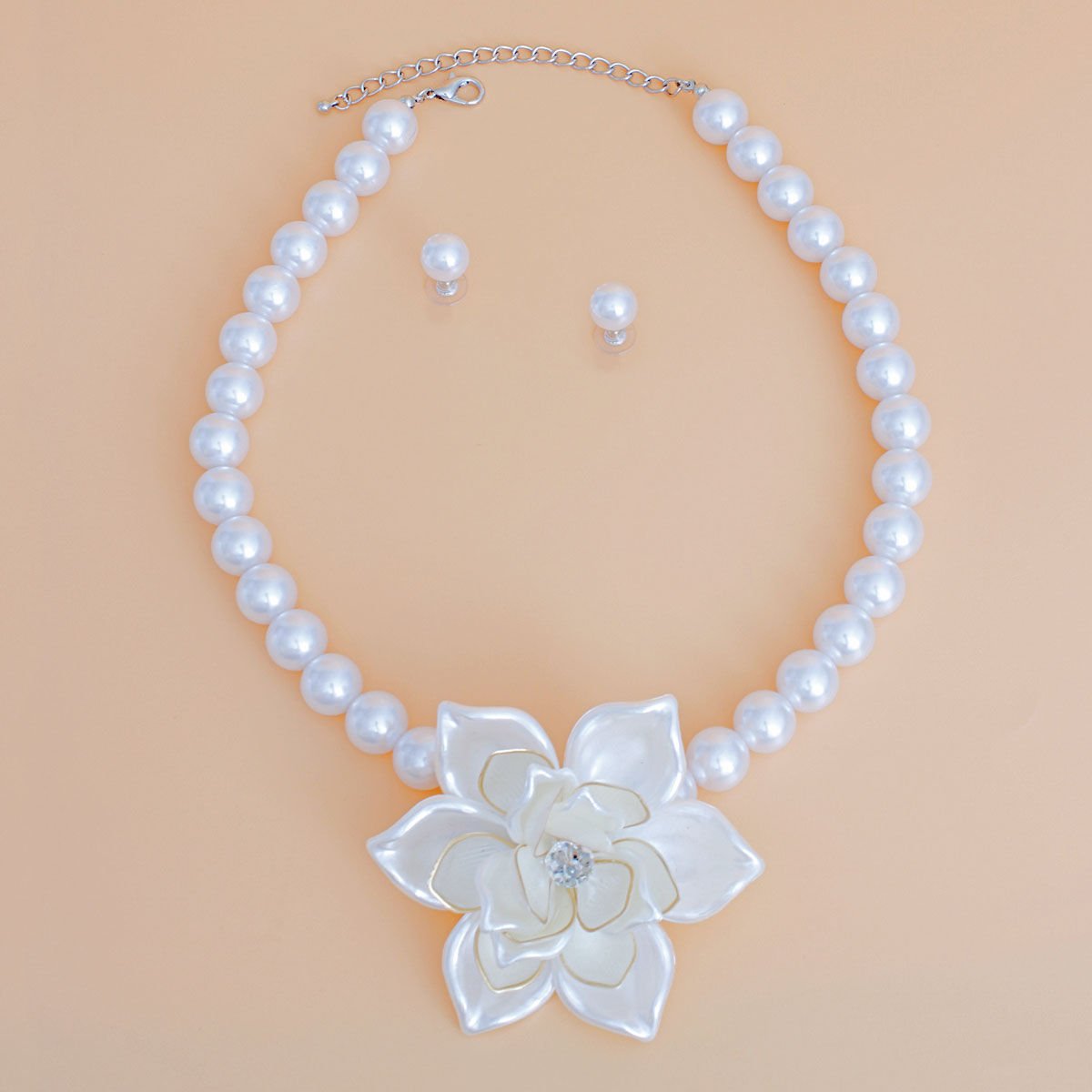 Pearl Necklace White Flower Pendant Set for Women