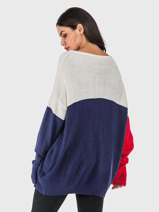 Perfee Contrast V - Neck Long Sleeve Knit Top